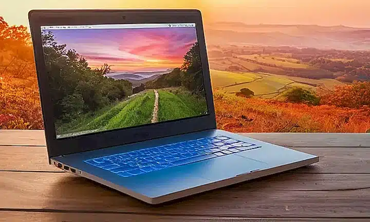 La pantalla del portátil muestra una vista de paisaje digitalizado con colinas y árboles, iluminado por tonos cálidos del atardecer