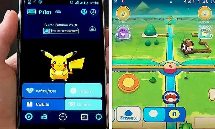 Una pantalla de smartphone muestra una interfaz de aplicación de Pokémon con un fondo azul intenso y gráficos de los personajes pixelados