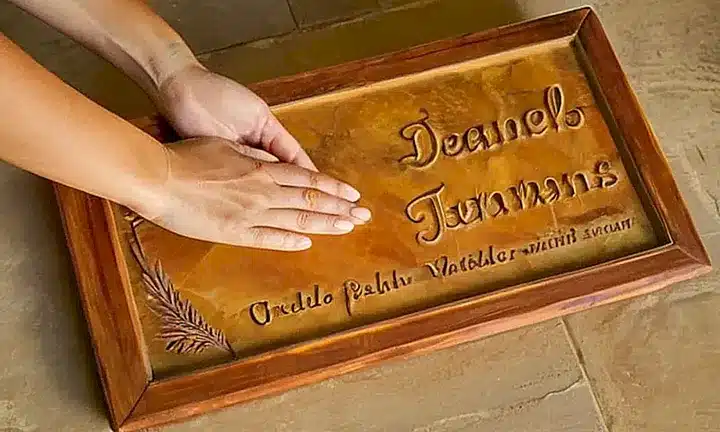 Una mujer suavemente sostiene un letrero de madera tallado con líneas delicadas, iluminada por la luz cálida que entra a través de las ventanas