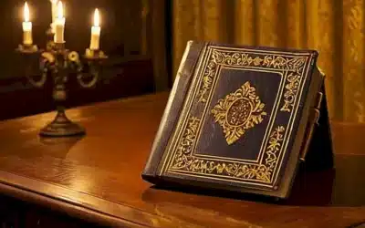 Una vieja enciclopedia de cuero descansa en una mesa de madera
