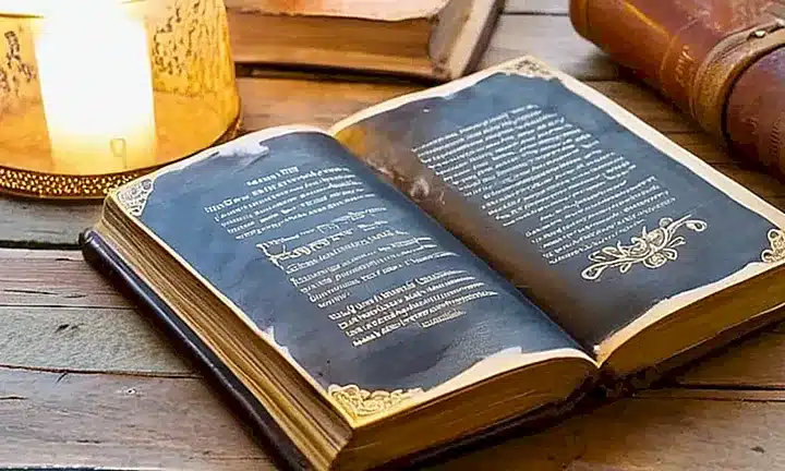 Un libro viejo y gastado se abre sobre un escritorio de madera ajada iluminado por la luz del sol que entra a través de una ventana