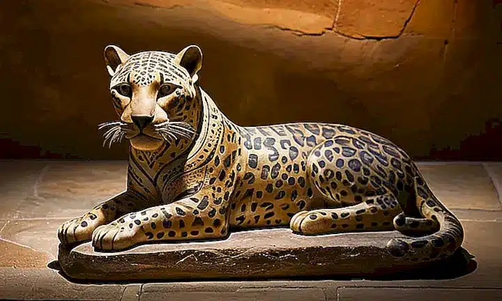 Una representación artística de un jaguar mesoamericano está presente en una estela antigua con diseños mayas y textura rugosa