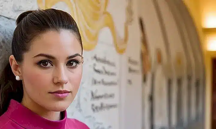 Una joven mira con curiosidad e interrogante un mural vibrante que representa una elegante arquitectura religiosa y elementos personales significativos