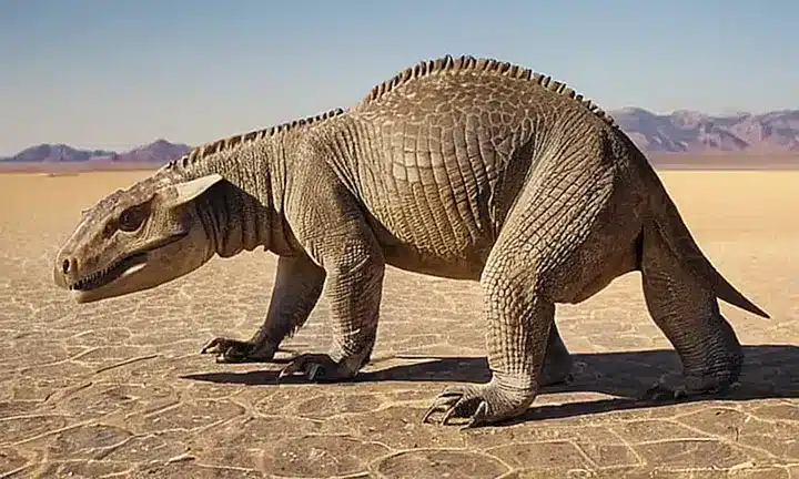 Una criatura prehistórica se mantiene de pie con una serenidad desconcertante, su cuerpo cubierto de escamas y boces le permite observar y percibir su entorno