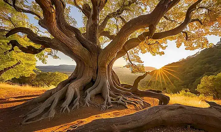 La fotografía muestra un antiguo y majestuoso árbol tallado en una piedra de granito con detalles naturales increíbles