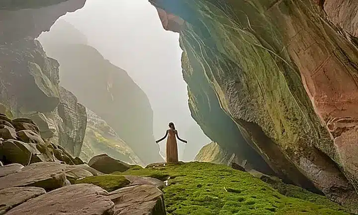 Un hombre gigante emergió de la niebla y se colocó con confianza en una roca, sosteniendo un cristal brillante en sus manos