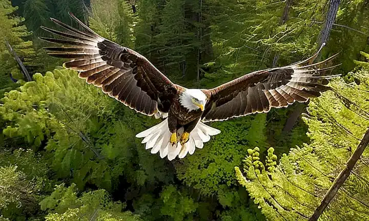 Un águila majestuosa vuela por encima de un bosque tupido rodeada de una pintoresca escena de floresta vibrante y luz suave