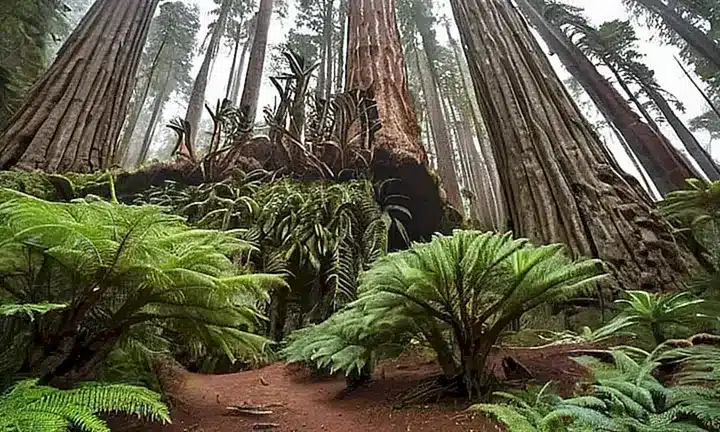 Una escena primigenia de bosque se desarrolla gradualmente desde la zona delantera con árboles araucaria gigantescos