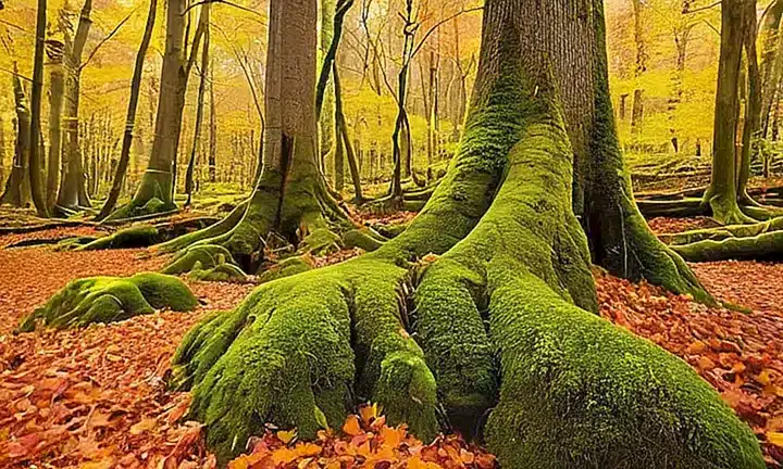 La escena describe un bosque con árboles grandes y densos matorrales, brillantes colores otoñales y una luz suave