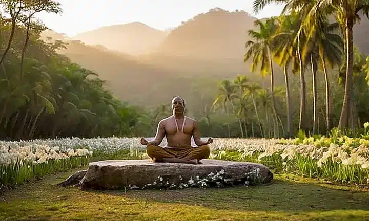 Un yogi sentado en lotus position se halla rodeado de un silencio sereno al amanecer, con árboles y flores detrás de él