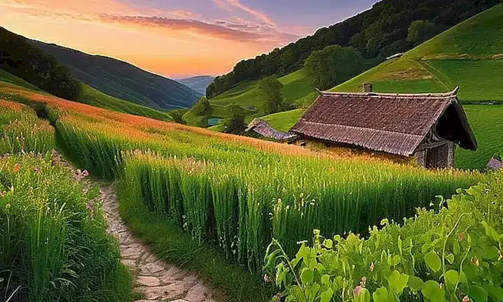 Un amanecer sereno ilumina una montaña con un cielo azul cobalto y una vista soñadora de casas rurales antiguas rodeadas de bosques verdes