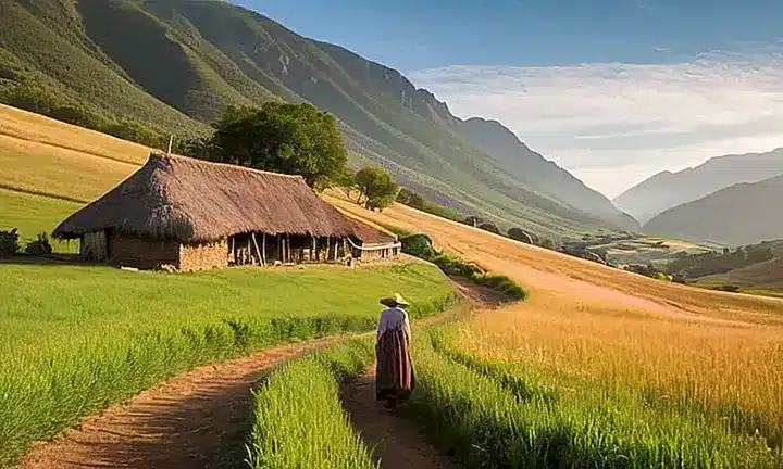 Un paisaje rural tranquilo y soleado en la mañana del verano, con los Andes como fondo, donde habitantes de un pequeño pueblo preparan su día