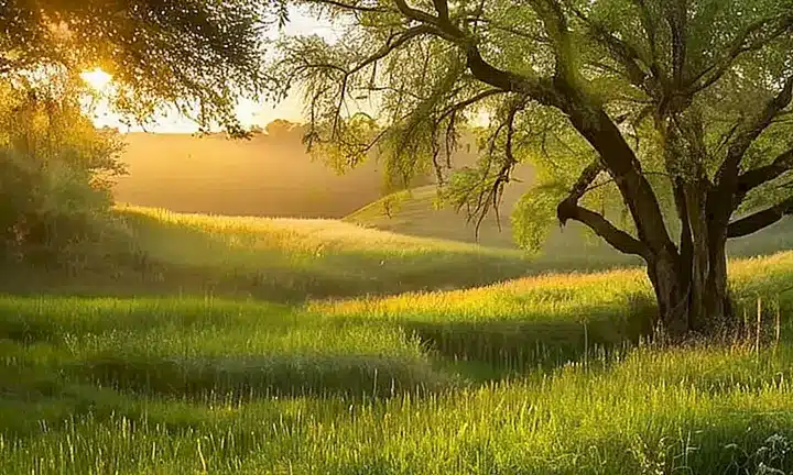 Un amanecer soleado baña un paisaje idílico con luces doradas que iluminan colinas y árboles en una escena de tranquila belleza
