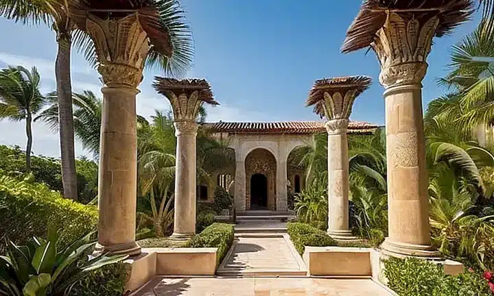 La estructura presenta una mezcla de colores y elementos naturales, incluyendo piedras calizas, madera tallada, vidrio cerámico y follaje exuberante