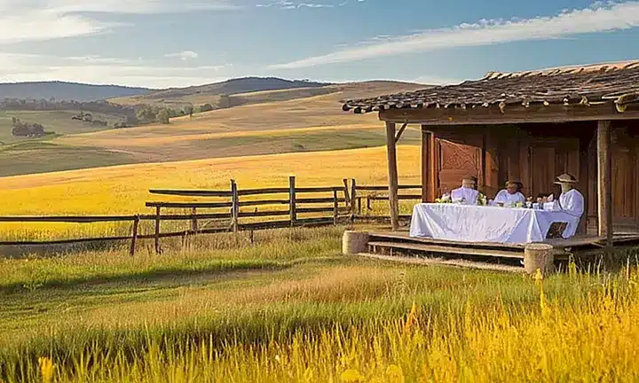 Un claro atardecer en una pequeña aldea rural, rodeado de campos verdes y colores vibrantes