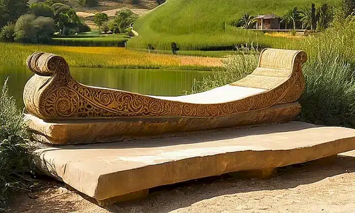 El paisaje pintoresco de una antigua villa rural es adornado por la luz resplandeciente del amanecer sobre las estatuas y los tejados, rodeados por el verde esmeralda y la belleza virgen de la naturaleza