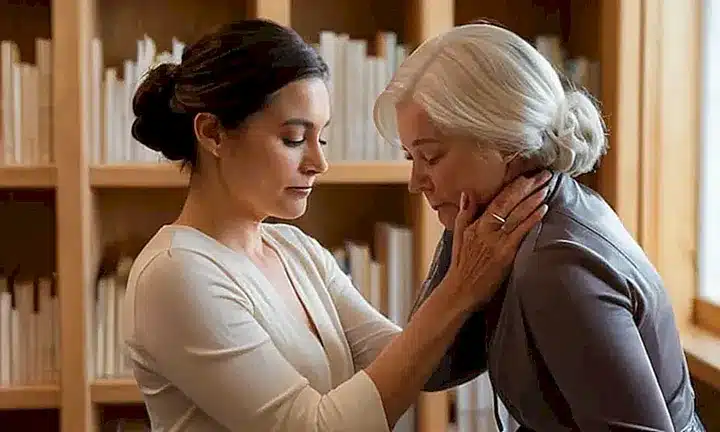 La habitación está bañada en una suavemente dorado luz que ilumina una escena serena de dos mujeres abrazadas rodeadas por elegantes estanterías y vistas del paisaje urbano