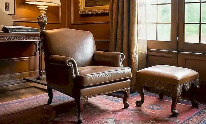 En una habitación llena de objetos dispares, una vieja silla de cuero ocupa el centro de la estancia con su ornamentado brillo dorado