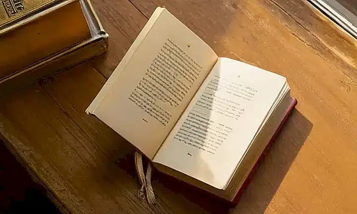 Un libro de color beige se abre sobre una mesa de madera gastada, con su título dorado grabado en la cubierta que refleja la luz débil del atardecer