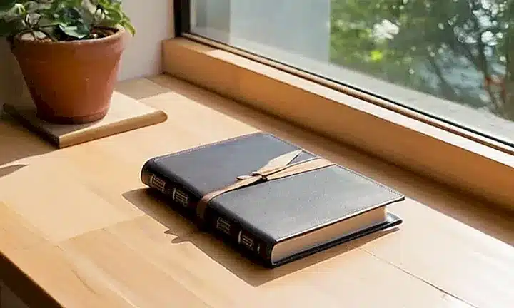 En una habitación tranquila y brillantemente iluminada por el sol de la mañana, se puede ver un escritorio con documentos dispersos donde reposa un planificador bien usado