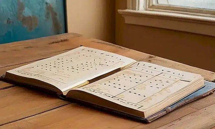 Una fotografía muestra un calendario abierto con notas escritas junto a libros apilados en una mesa rústica bajo la luz suave del amanecer