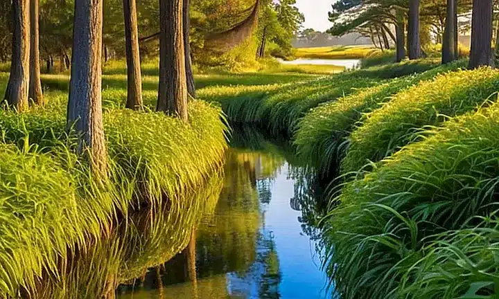 Un paisaje sereno con cipreses inmóviles y follaje denso iluminado por el sol, reflejando agua calmada en tonos azules suaves