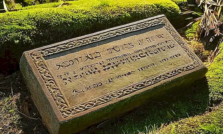 Un viejo y desgastado monumento funerario se derrumba sobre un suelo verdecido, con una placa broncínea con cruces celtas y una inscripción en relieve que narra la verdadera derrota