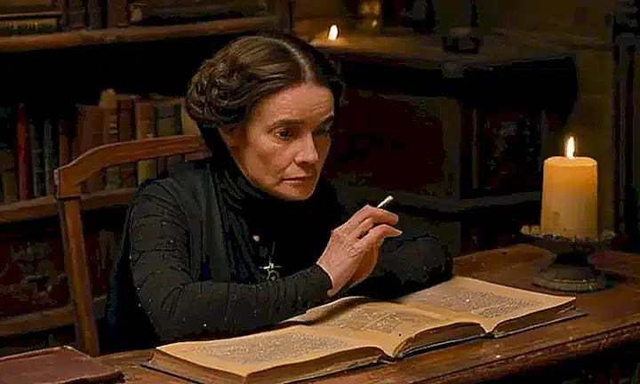 Una mujer anciana sentada detrás de un escritorio antiguo rodeado de un ambiente oscuro y desordenado