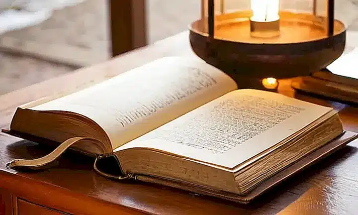 En una habitación tranquila con iluminación cálida, un viejo diario de gratitudes descansa sobre una mesa antigua, rodeado por elementos personales y recordatorios que transmiten un sentido de introspección y devoción