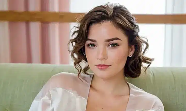 La joven tiene una sonrisa cálida y suave, cabello marrón ondulado, piel porcelana y ojos marrones con toques dorados, siendo rodeada de un ambiente relajado