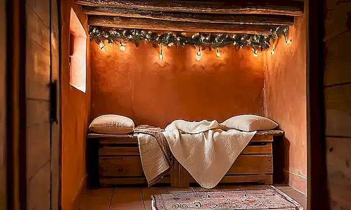 La escena describe una tranquila habitación de una cueva con un nacimiento navideño rodeado de detalles rústicos y coloridos