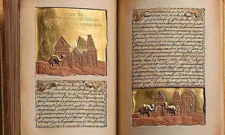 Una luz suave ilumina un libro de piel desgastado con una escena de Navidad tradicional al fondo