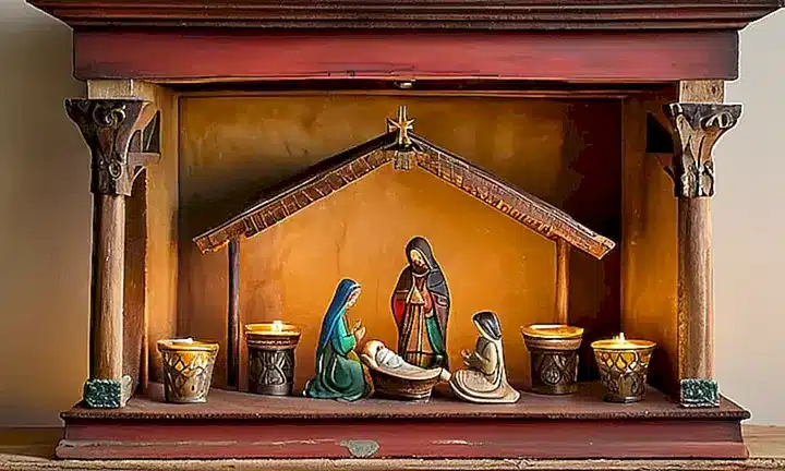 Un escenario navideño con una pila de lazo sagrado iluminado por el sol matutino en un espacio tranquilo con muebles antiguos