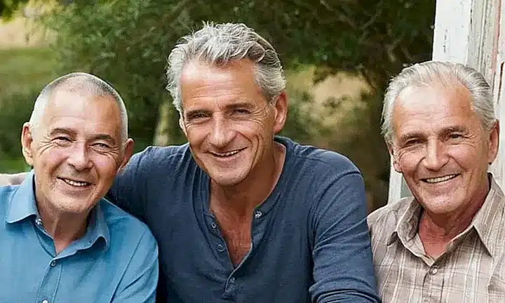 Un anciano de 65 años con una sonrisa y cabello gris se sienta con sus cuatro hijos mayores alrededor de él
