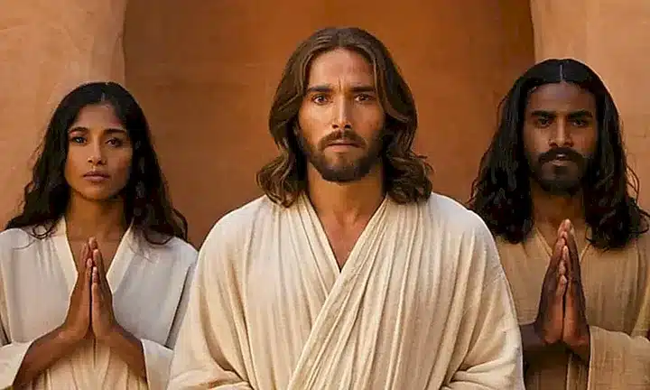 Una foto tranquila de Jesús entre dos personas de distintos colores de piel que miran hacia él con las manos unidas