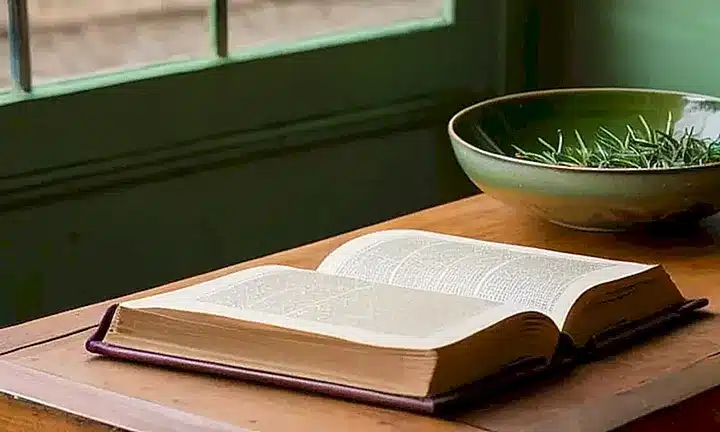 Una edición antigua de un libro sobre virtudes descansa en una mesa desgastada