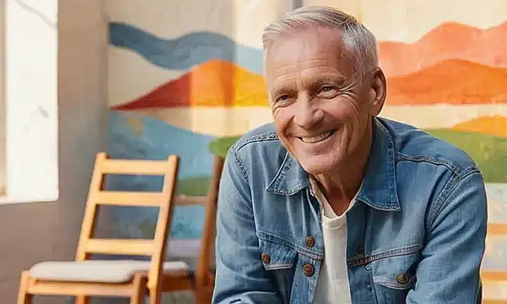 Un anciano sonriente con una luz cálida envolvente se sienta en un simple asiento de madera frente a un mural colorido
