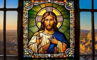 Una hermosa ventana de vidrieras ilumina un halo dorado que rodea a una figura de Jesús de apariencia suave y detallada