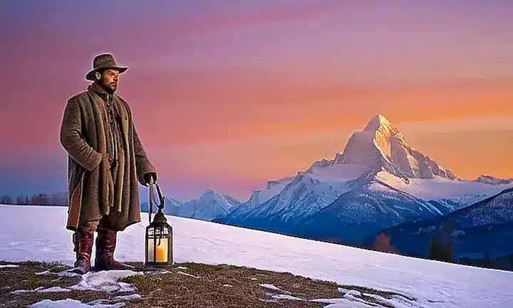 Un pastor tradicional sostiene una linterna en un paisaje nevado y tranquilo bajo la luz del crepúsculo