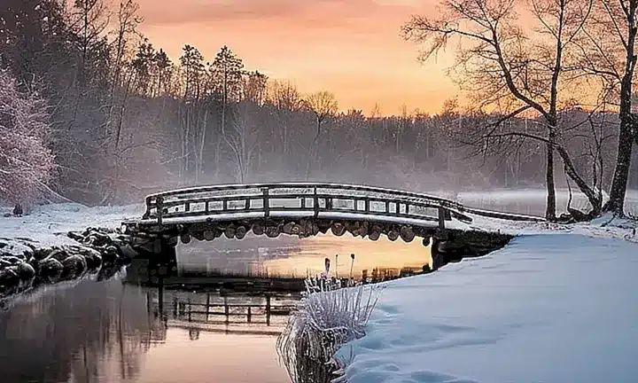 Una tarde de invierno serene se refleja sobre un puente de madera y un lago congelado, rodeada por árboles desnudos y nieve silenciosa