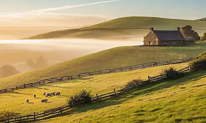 Una fotografía serena de un paisaje rural con una suave luz dorada en el crepúsculo