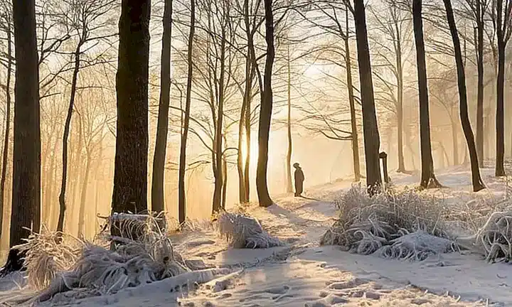 Un pastor toca la flauta en un paisaje nevado con una serenidad envuelta en luz solar matinal y quietud invernal