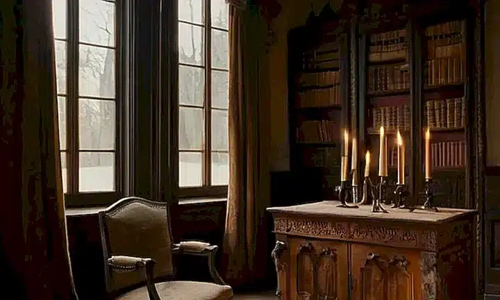 Una habitación antigua con un ambiente acogedor y lleno de detalles históricos, iluminada débilmente por la luz matutina