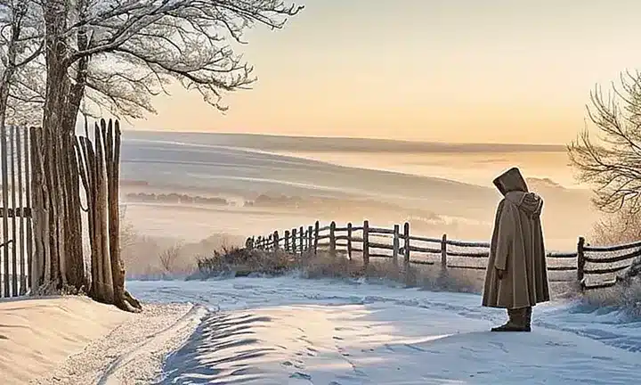 La escena describe un paisaje invernal sereno con un grupo de figuras vestidas y acuclilladas en una entrada de piedra mientras la nieve cae suavemente alrededor