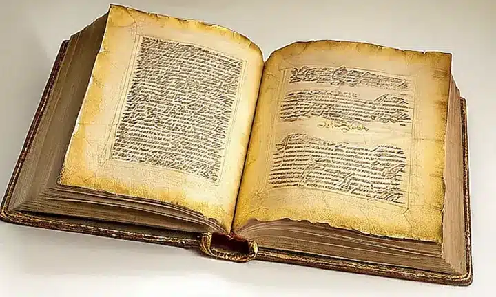 En una habitación iluminada con luz tenue y minimalista se encuentra un libro antiguo desgastado rodeado de otros libros en sucia vellum