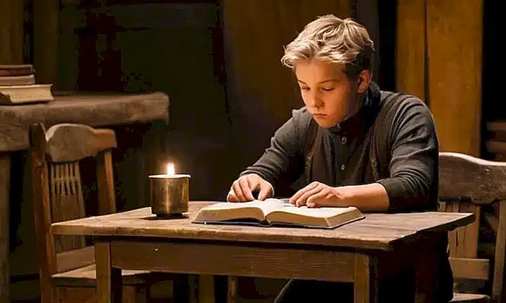 Un joven y un anciano se sientan en una mesa rústica iluminada por la luz de velas, cada uno con sus propias características físicas y características del mobiliario