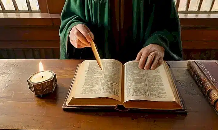 Una figura vestida con un sencillo hábito está explicando una página de la Biblia en una mesa antigua y llena de objetos escolares