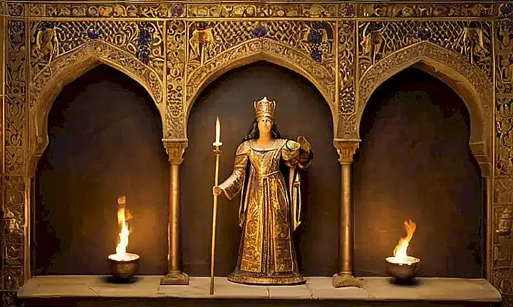Esta escena medieval dibujada a óleo captura un momento épico donde Lord Gedeón se alza heroicamente con su espada y bandera frente a un paisaje sombrío