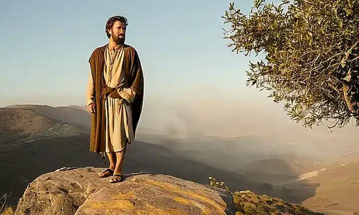 Samuel, con aspecto de semimudo y barbado, se alza sobre tierra dura, rodeano por un paisaje natural rocoso y desolado