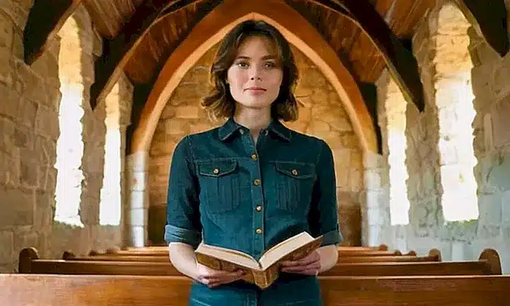 Una persona joven y tranquila se sienta en una capilla oscura, vestida con un blazer azul y unos pantalones grises, lector de un libro antiguo bajo la luz suave del atardecer que entra a través de las janelas